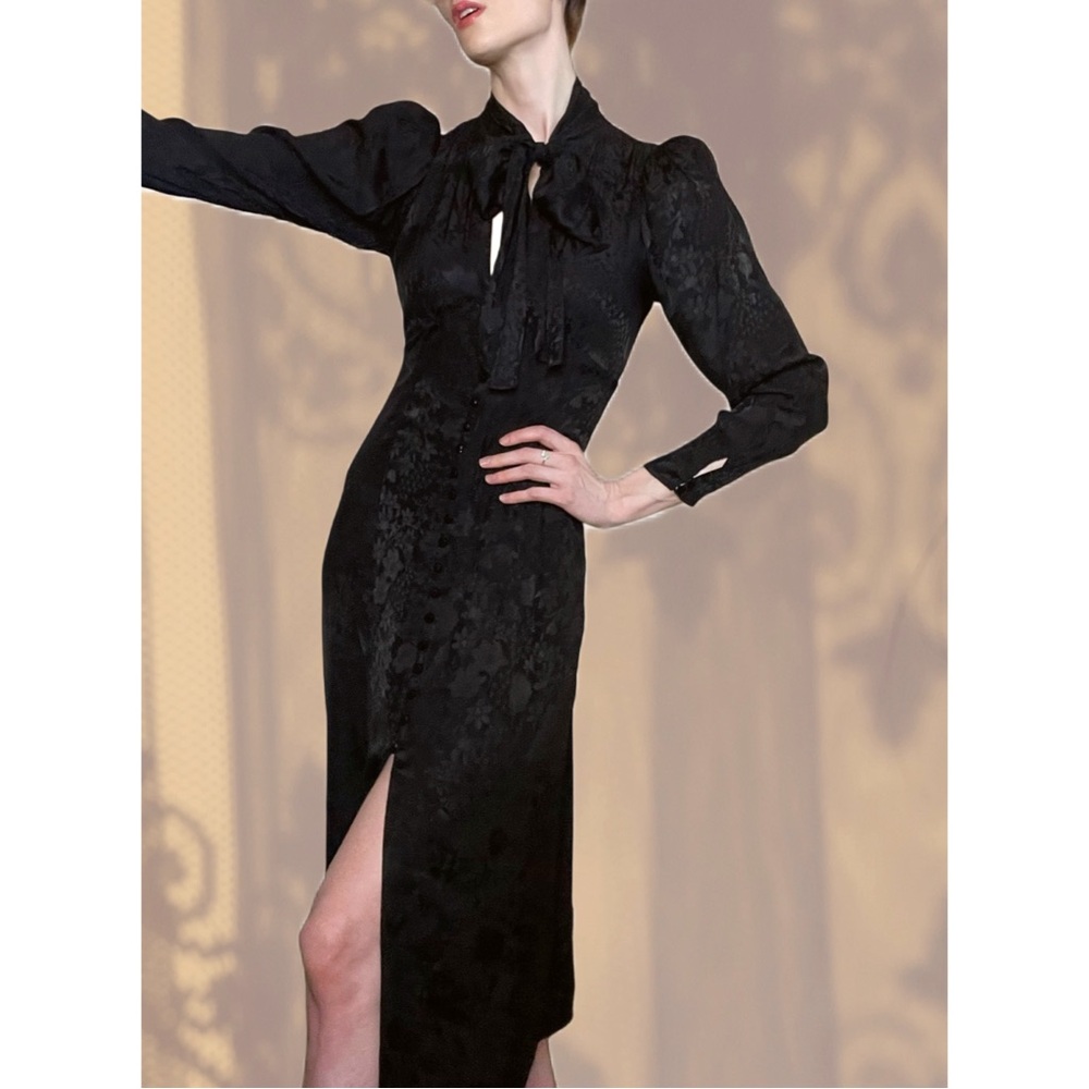 ARITZIA NEW Le Fou 100% Silk Black Floral Satin Long Sleeve Tie Neck Mambo Dress - Picture 10 of 15